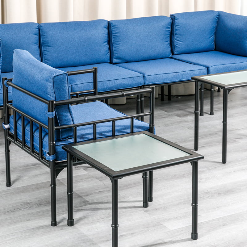 RXOP1 ブルー クッション アームレスト 竹構造 ティー テーブル付き 7点セット 冷間圧延プレート ヨーロピアン スタイル レジャー ソファ コンビネーション セット 屋外 パティオ 家具